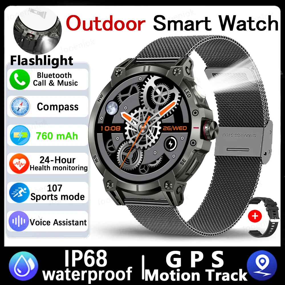 Military Smartwatch for Men - 760mAh, Compass, LED Flashlight, 1.8" HD, Waterproof