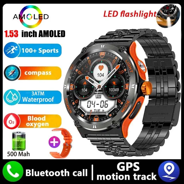 Rugged Military Smartwatch for Men: GPS, 500mAh Battery, Fitness Tracker, 3ATM Waterproof
