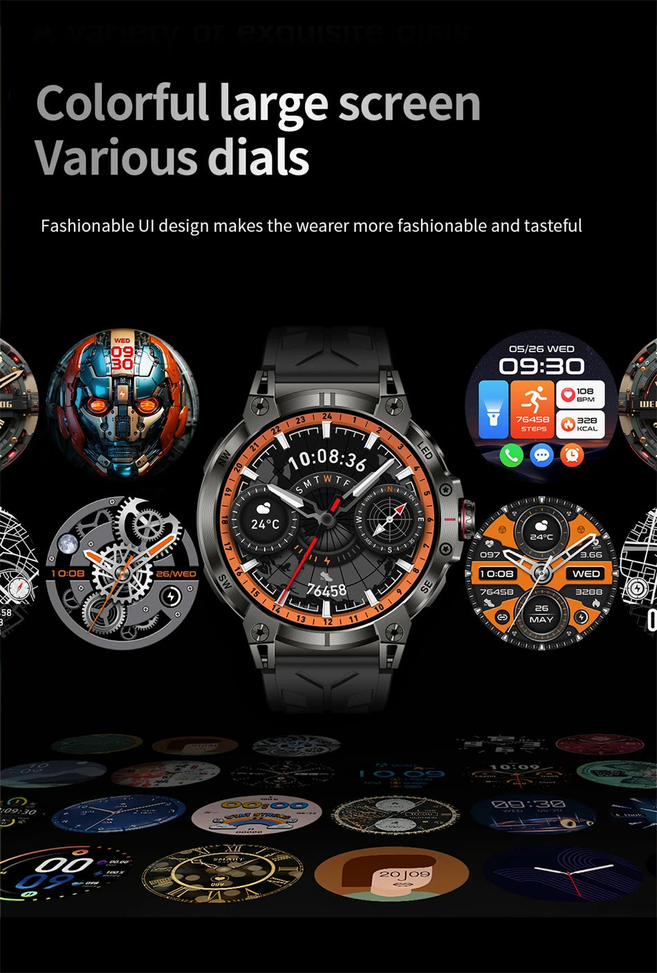 Military Smartwatch for Men - 760mAh, Compass, LED Flashlight, 1.8" HD, Waterproof