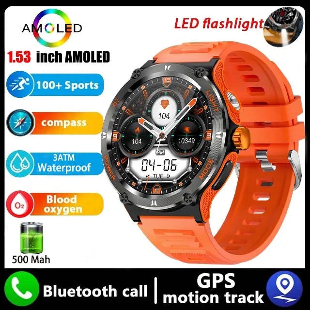 Rugged Military Smartwatch for Men: GPS, 500mAh Battery, Fitness Tracker, 3ATM Waterproof