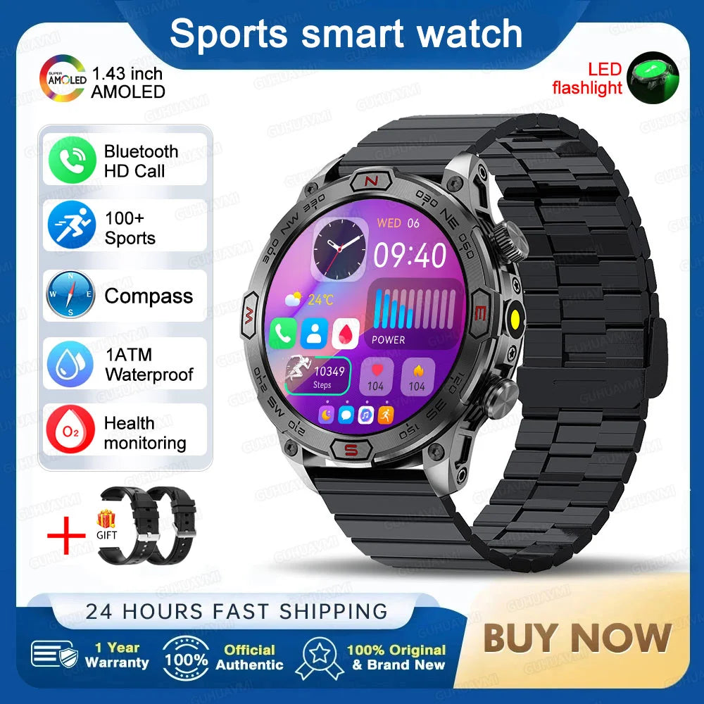 2025 Smart Watch - 1.43'' AMOLED, GPS, Fitness Tracker, BT 5.3, LED Lights, Compass