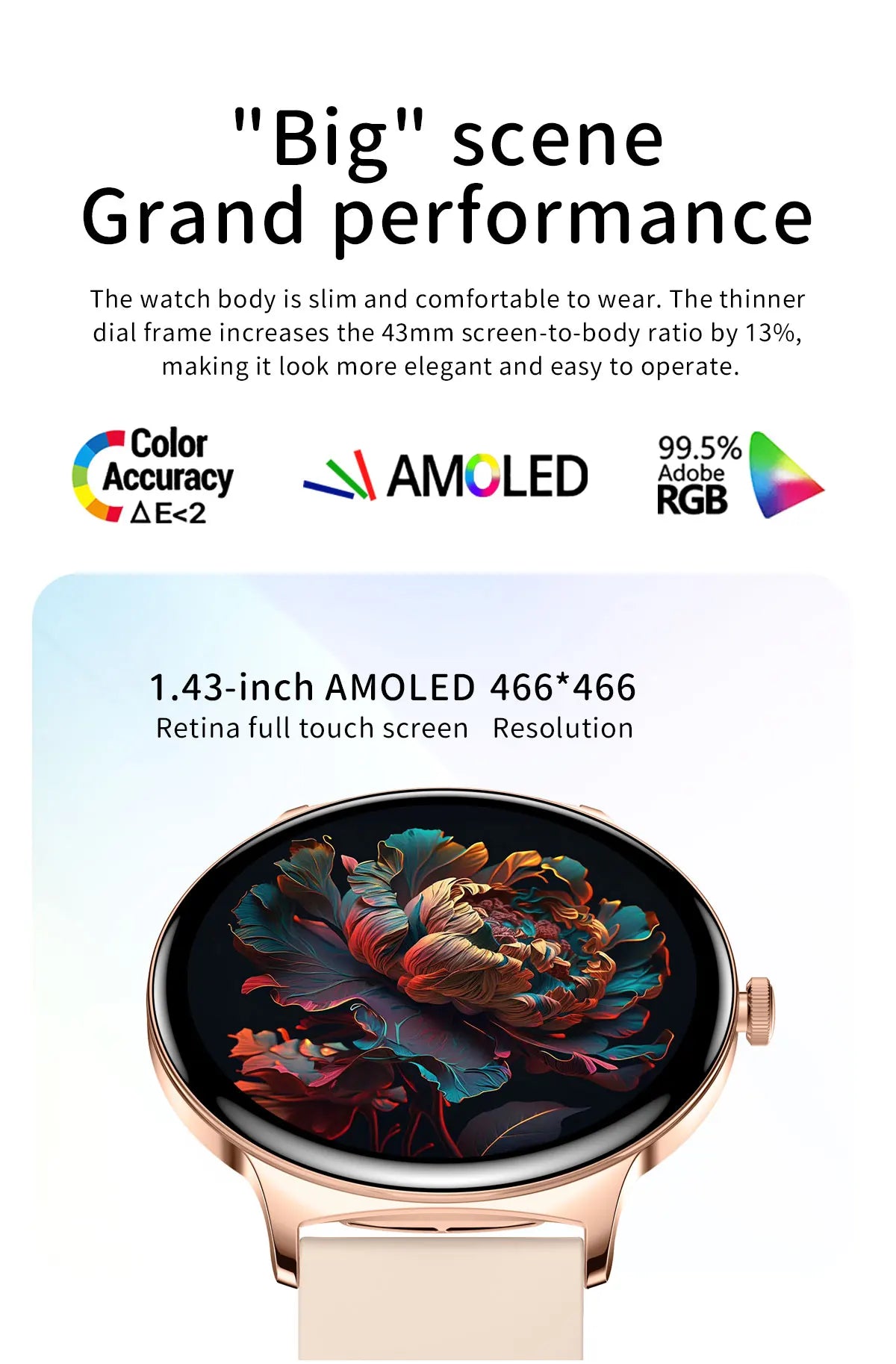 Ultra-Thin 1.43" Smart Watch HD AMOLED Screen Wireless Calling 100+ Sports Modes