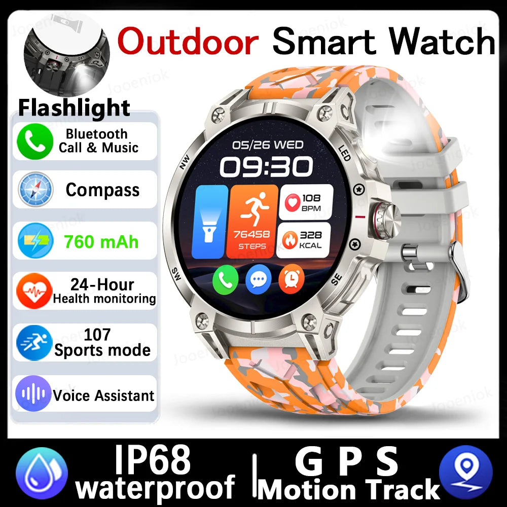 Military Smartwatch for Men - 760mAh, Compass, LED Flashlight, 1.8" HD, Waterproof