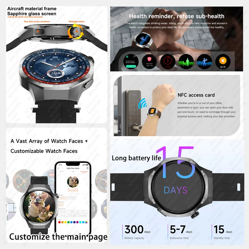 AMOLED Smartwatch for Men: Bluetooth Calls, NFC, GPS, IP68 Waterproof, 390x390 Display