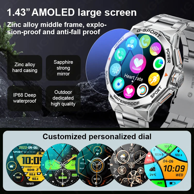1.43" AMOLED Smart Watch for Men – Bluetooth Calls, Fitness Tracker, Heart Rate & Blood Pressure Monitor