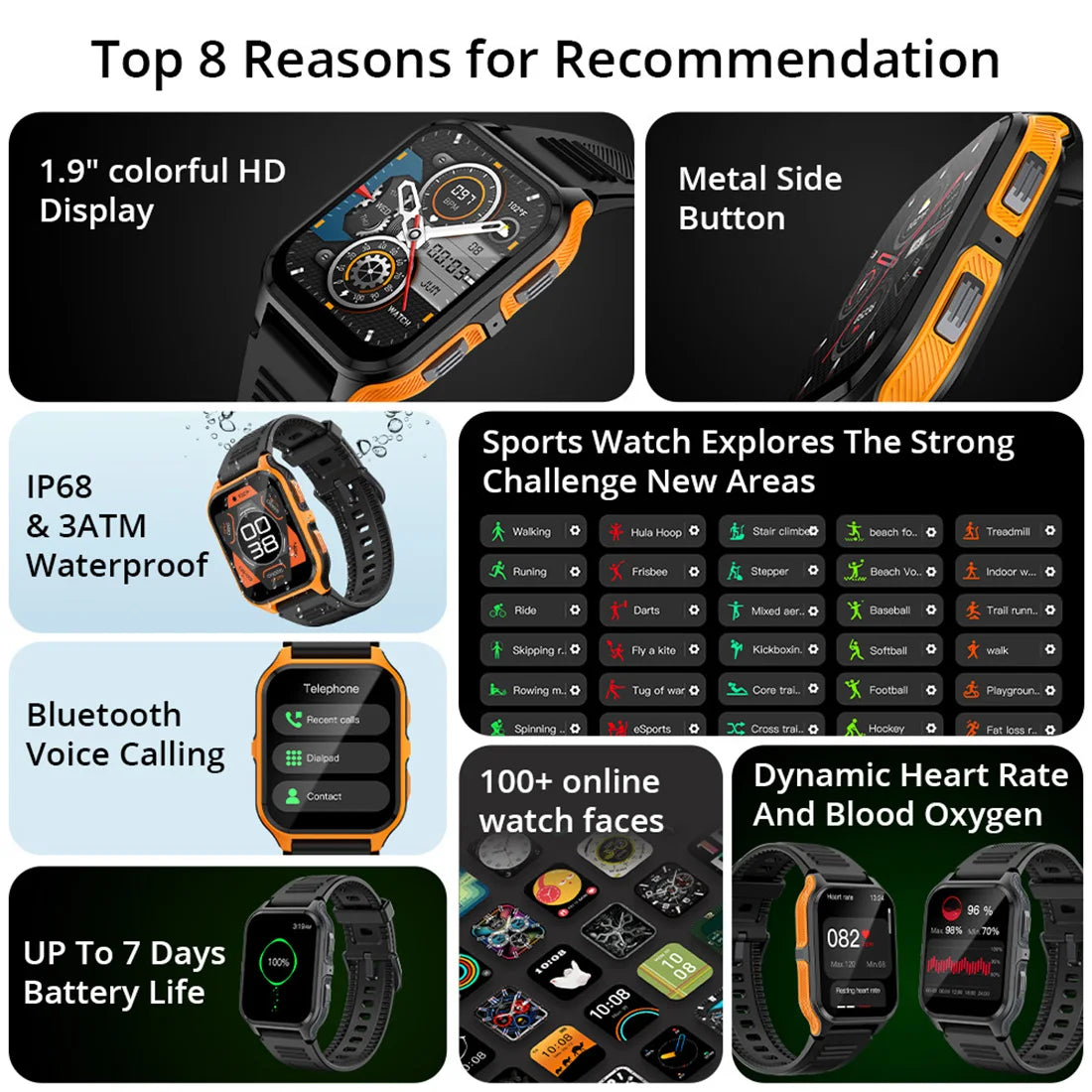 1.9'' Military Smartwatch for Men | Bluetooth Call, IP68 Waterproof, Fitness Tracker