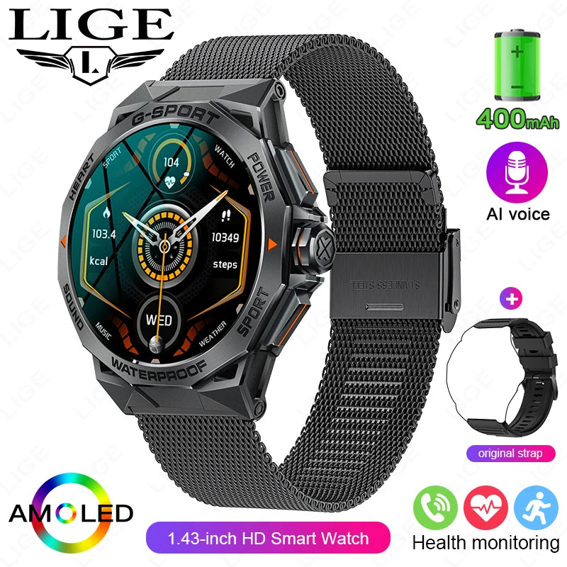 1.43" AMOLED Smart Watch for Men – Bluetooth Calls, Fitness Tracker, Heart Rate & Blood Pressure Monitor