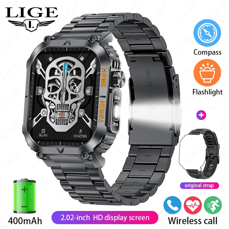 LIGE Military Men Smart Watch 2.02'' HD Screen LED Flashlight Compass Watches 3ATM Waterproof Outdoor Sports Smartwatch 2025 New