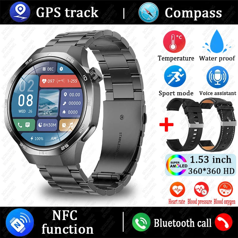 AMOLED Smartwatch for Men: Bluetooth Calls, NFC, GPS, IP68 Waterproof, 390x390 Display