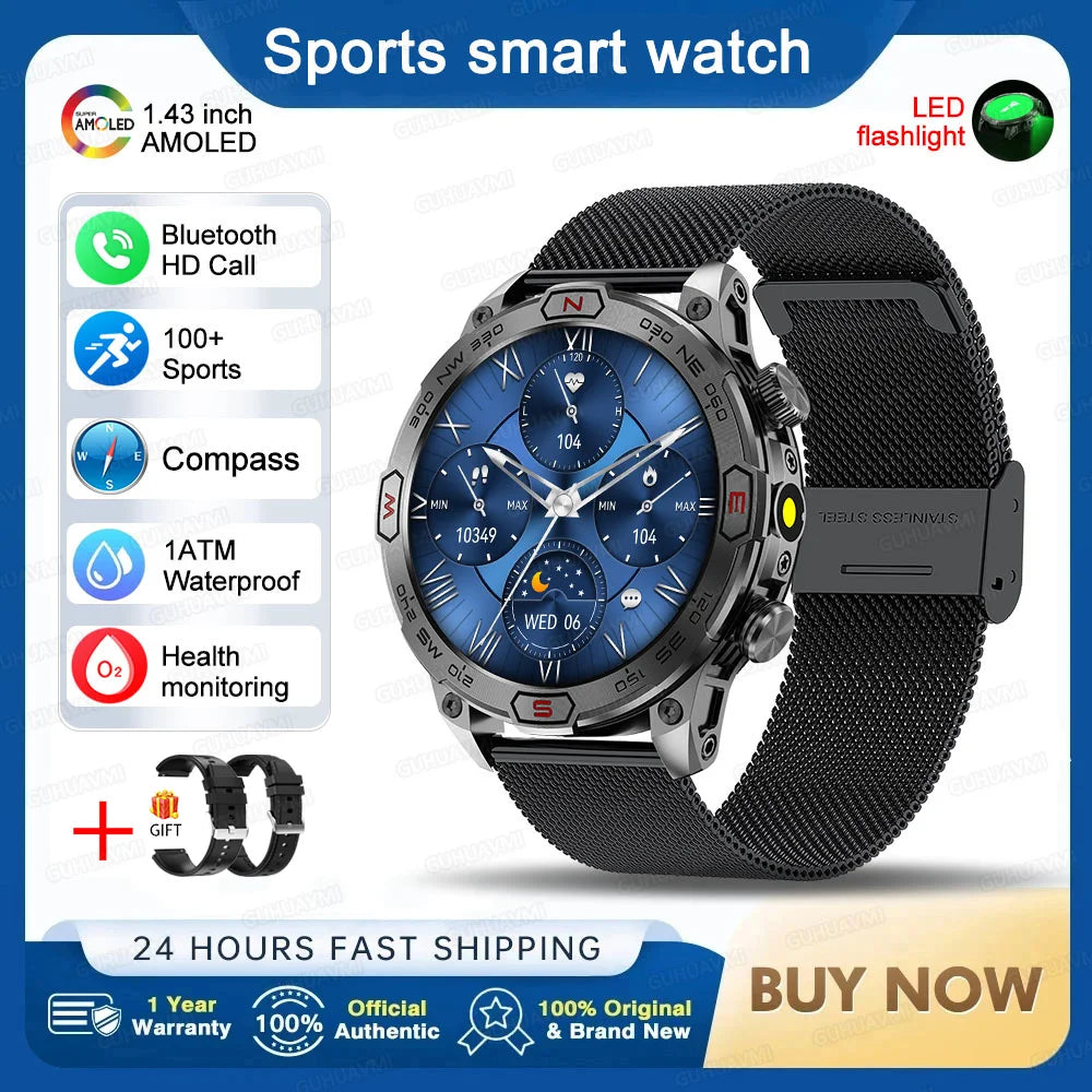 2025 Smart Watch - 1.43'' AMOLED, GPS, Fitness Tracker, BT 5.3, LED Lights, Compass