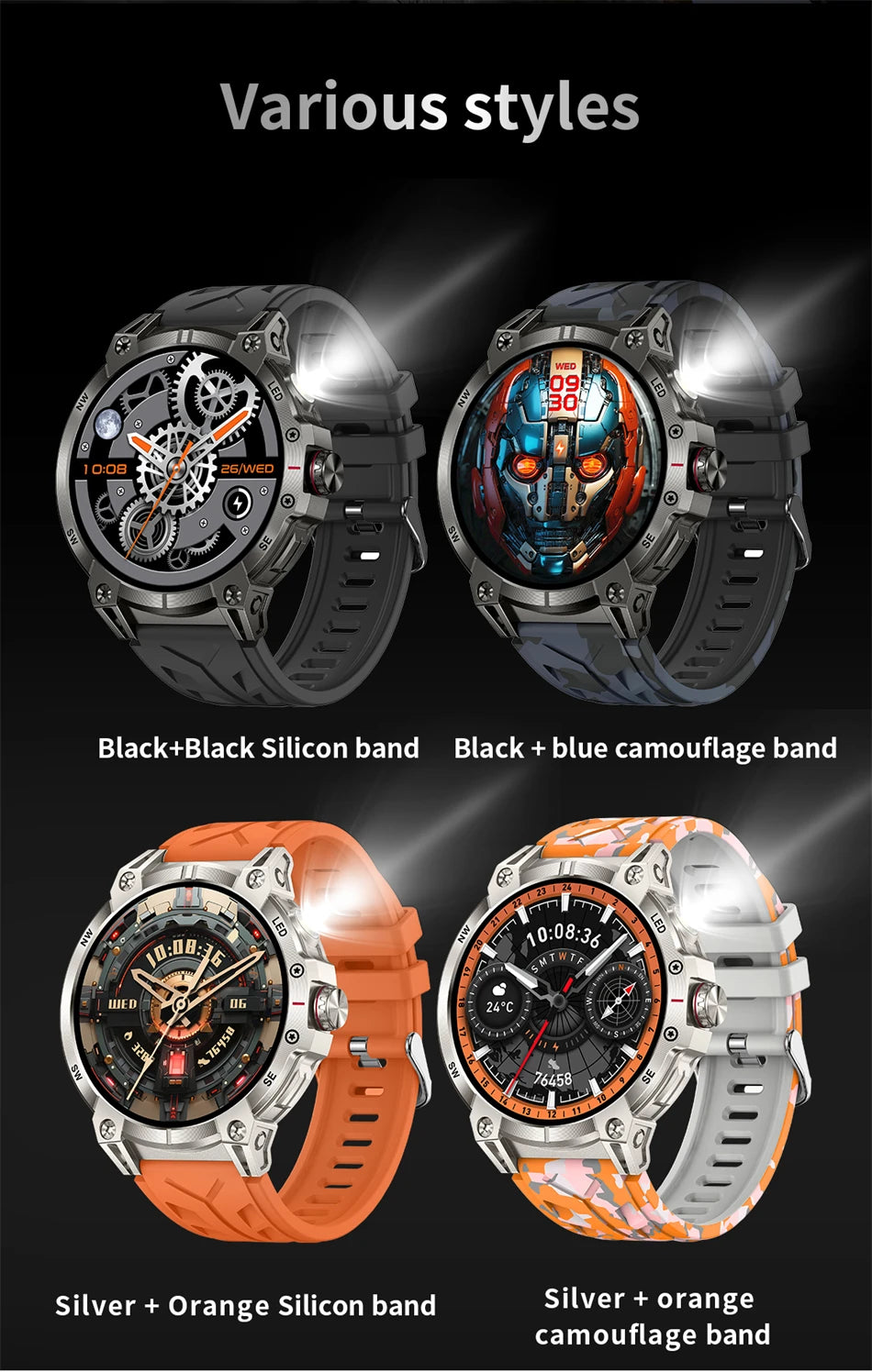 Military Smartwatch for Men - 760mAh, Compass, LED Flashlight, 1.8" HD, Waterproof