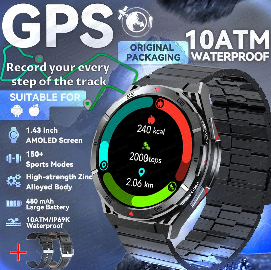 GPS Outdoor Smartwatch: 1.43" AMOLED, Heart Rate Monitor, Bluetooth Calling, IP69K Waterproof