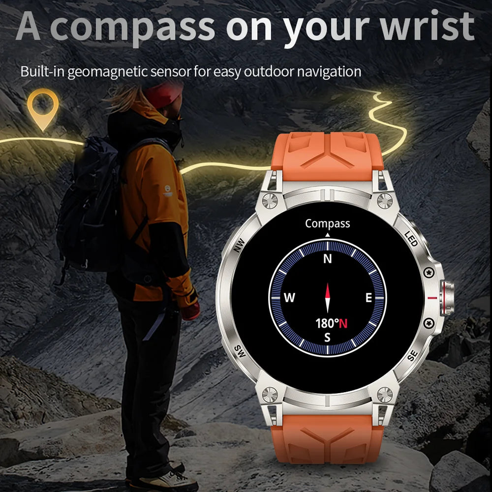 Military Smartwatch for Men - 760mAh, Compass, LED Flashlight, 1.8" HD, Waterproof