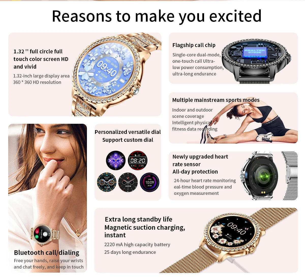 Gold Luxury Women's Smartwatch | 1.32" HD AMOLED Screen, Voice Call & Fitness Tracker