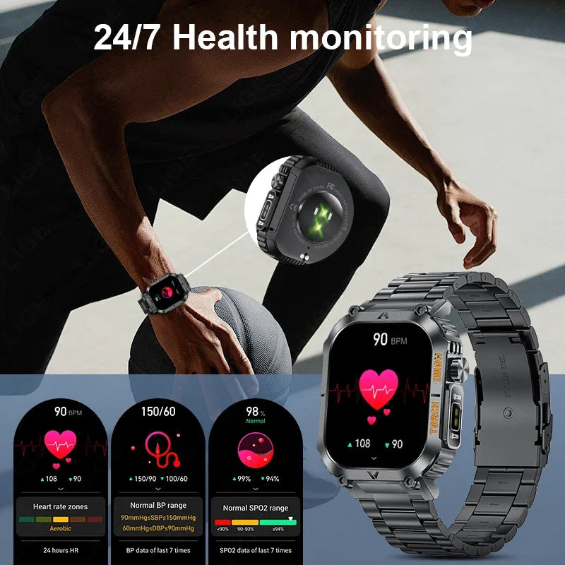 LIGE Military Men Smart Watch 2.02'' HD Screen LED Flashlight Compass Watches 3ATM Waterproof Outdoor Sports Smartwatch 2025 New