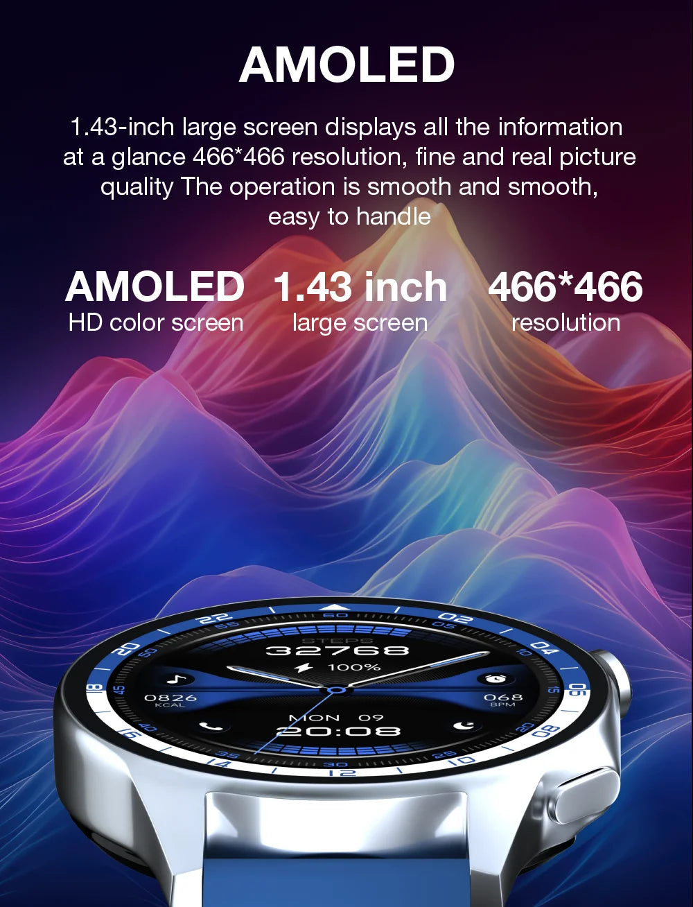 1.43'' TFT Smart Watch - 4GB RAM, Music, Health Monitoring, Bluetooth Call, Waterproof