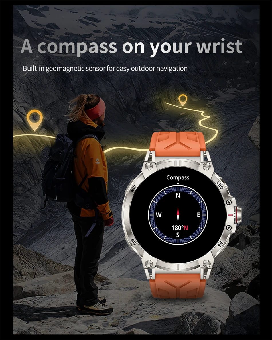 Military Smartwatch for Men - 760mAh, Compass, LED Flashlight, 1.8" HD, Waterproof