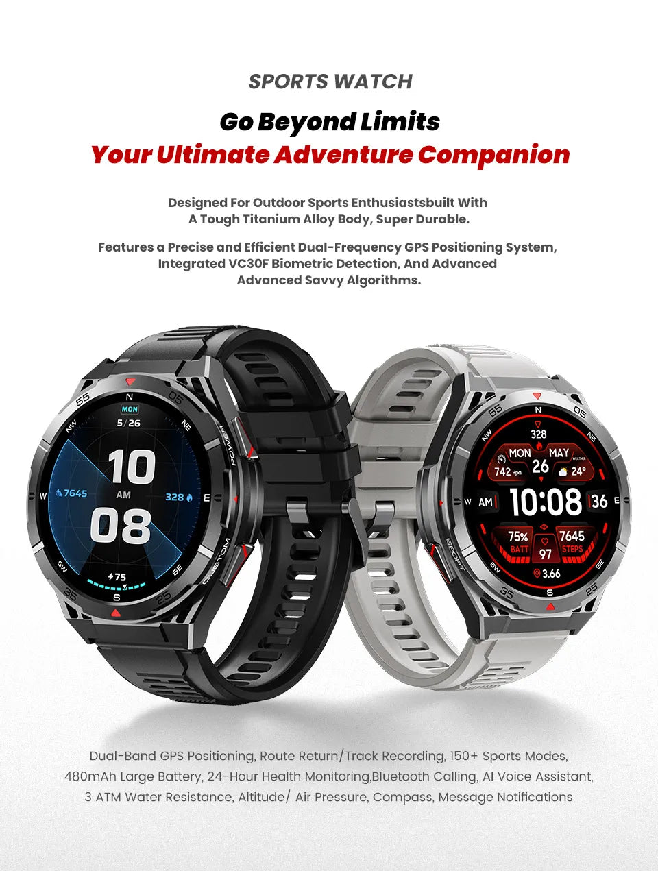 GPS Outdoor Smartwatch: 1.43" AMOLED, Heart Rate Monitor, Bluetooth Calling, IP69K Waterproof