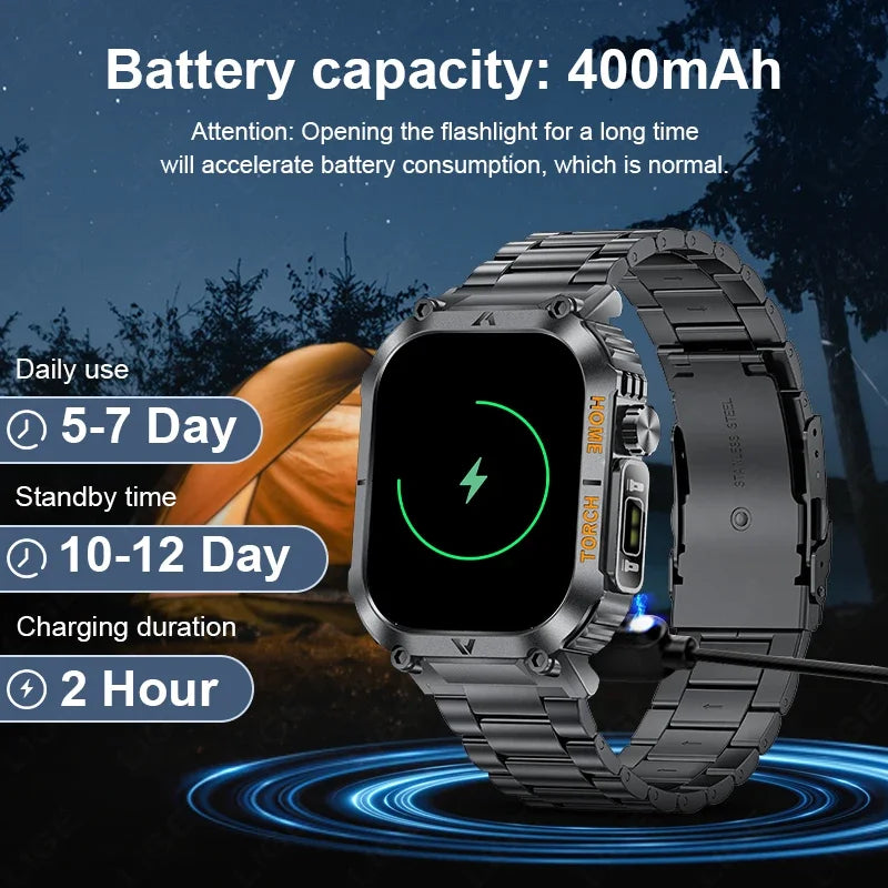 LIGE Military Men Smart Watch 2.02'' HD Screen LED Flashlight Compass Watches 3ATM Waterproof Outdoor Sports Smartwatch 2025 New