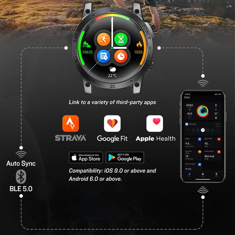 New GPS Sport Smartwatch for Men | HD AMOLED Display, 50M Waterproof, Altimeter, Compass