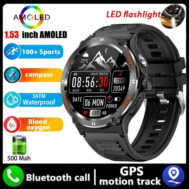Rugged Military Smartwatch for Men: GPS, 500mAh Battery, Fitness Tracker, 3ATM Waterproof