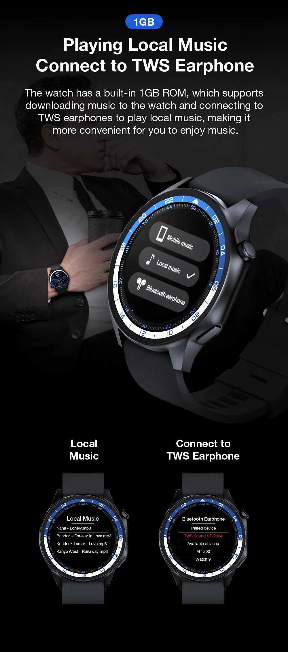 1.43'' TFT Smart Watch - 4GB RAM, Music, Health Monitoring, Bluetooth Call, Waterproof