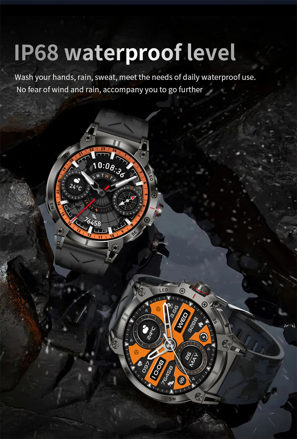Military Smartwatch for Men - 760mAh, Compass, LED Flashlight, 1.8" HD, Waterproof