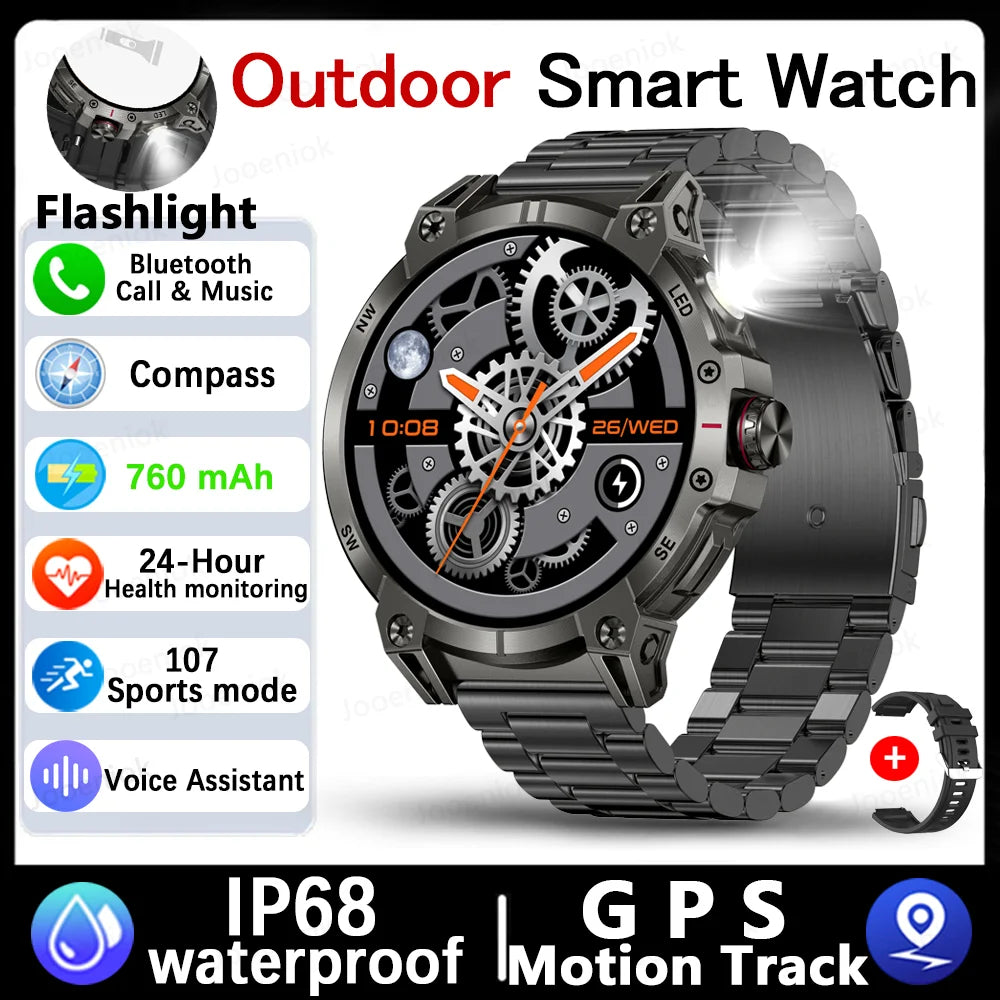 Military Smartwatch for Men - 760mAh, Compass, LED Flashlight, 1.8" HD, Waterproof