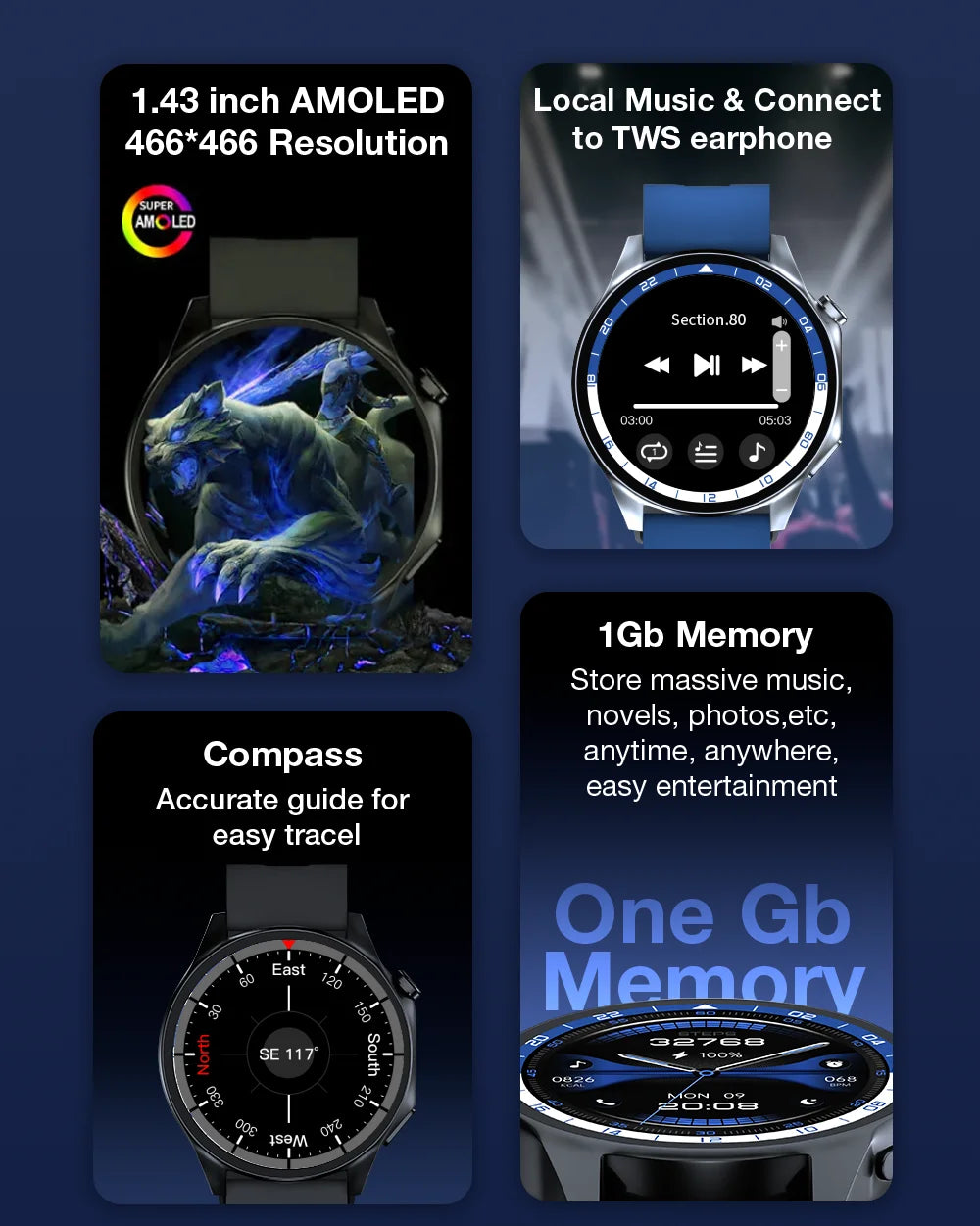 1.43'' TFT Smart Watch - 4GB RAM, Music, Health Monitoring, Bluetooth Call, Waterproof