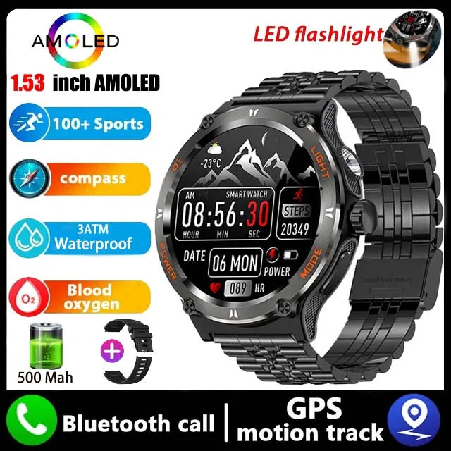 Rugged Military Smartwatch for Men: GPS, 500mAh Battery, Fitness Tracker, 3ATM Waterproof