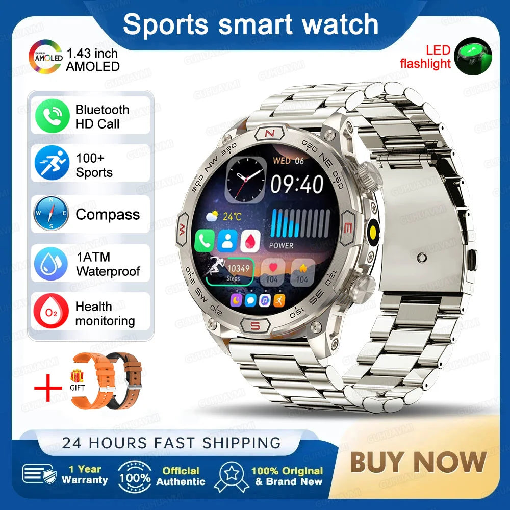 2025 Smart Watch - 1.43'' AMOLED, GPS, Fitness Tracker, BT 5.3, LED Lights, Compass