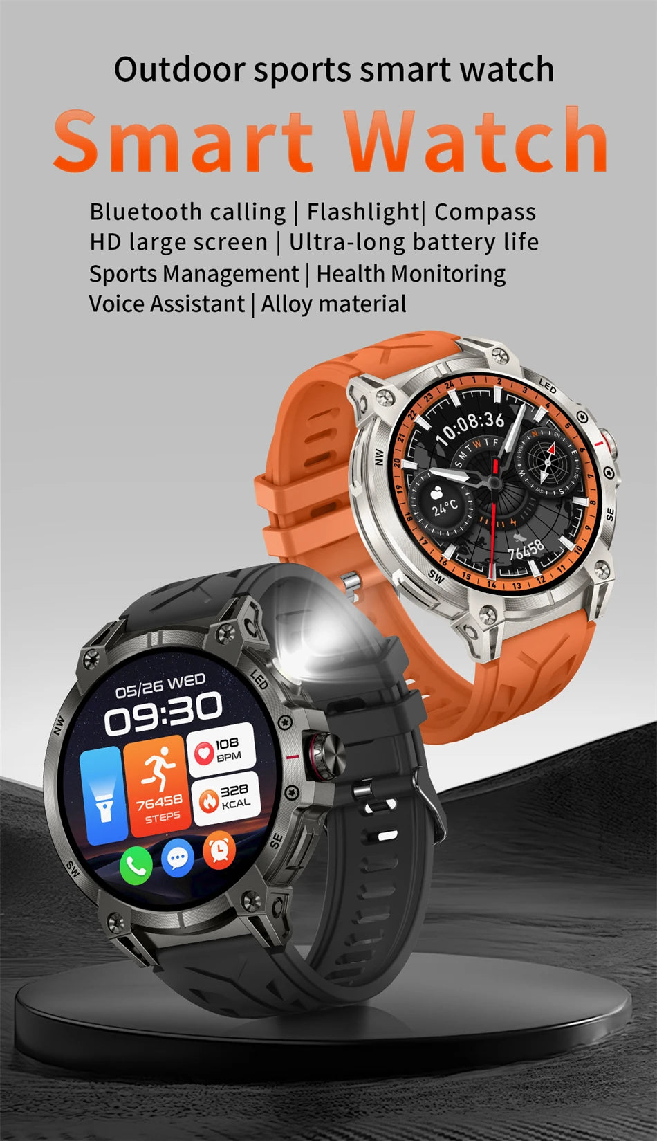 Military Smartwatch for Men - 760mAh, Compass, LED Flashlight, 1.8" HD, Waterproof
