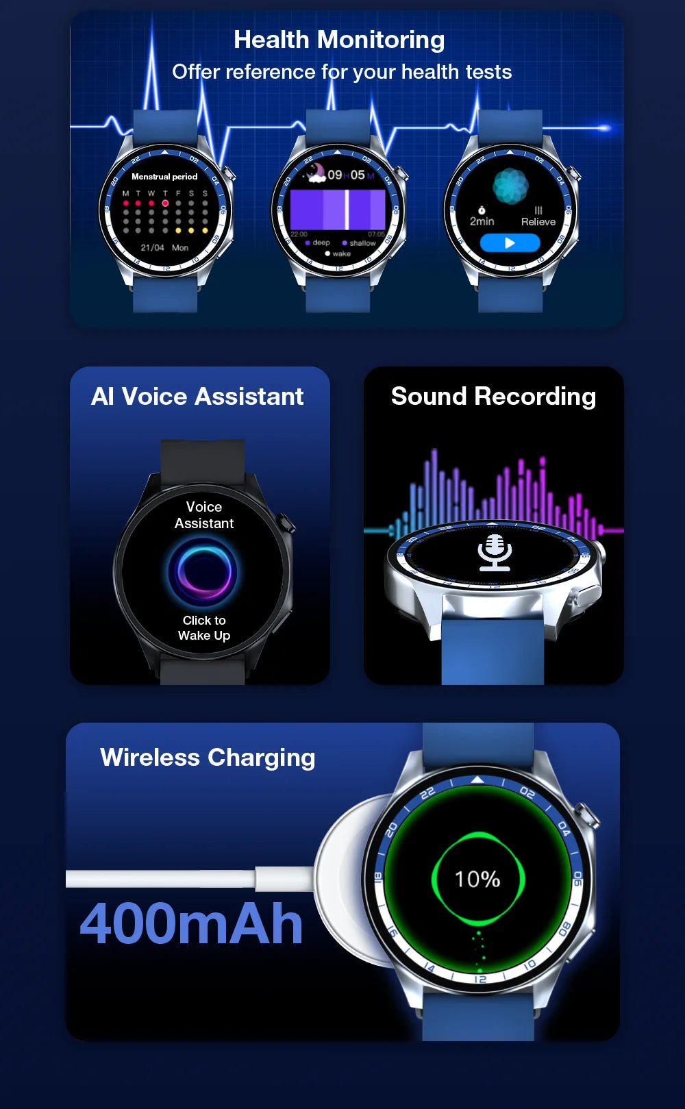 1.43'' TFT Smart Watch - 4GB RAM, Music, Health Monitoring, Bluetooth Call, Waterproof