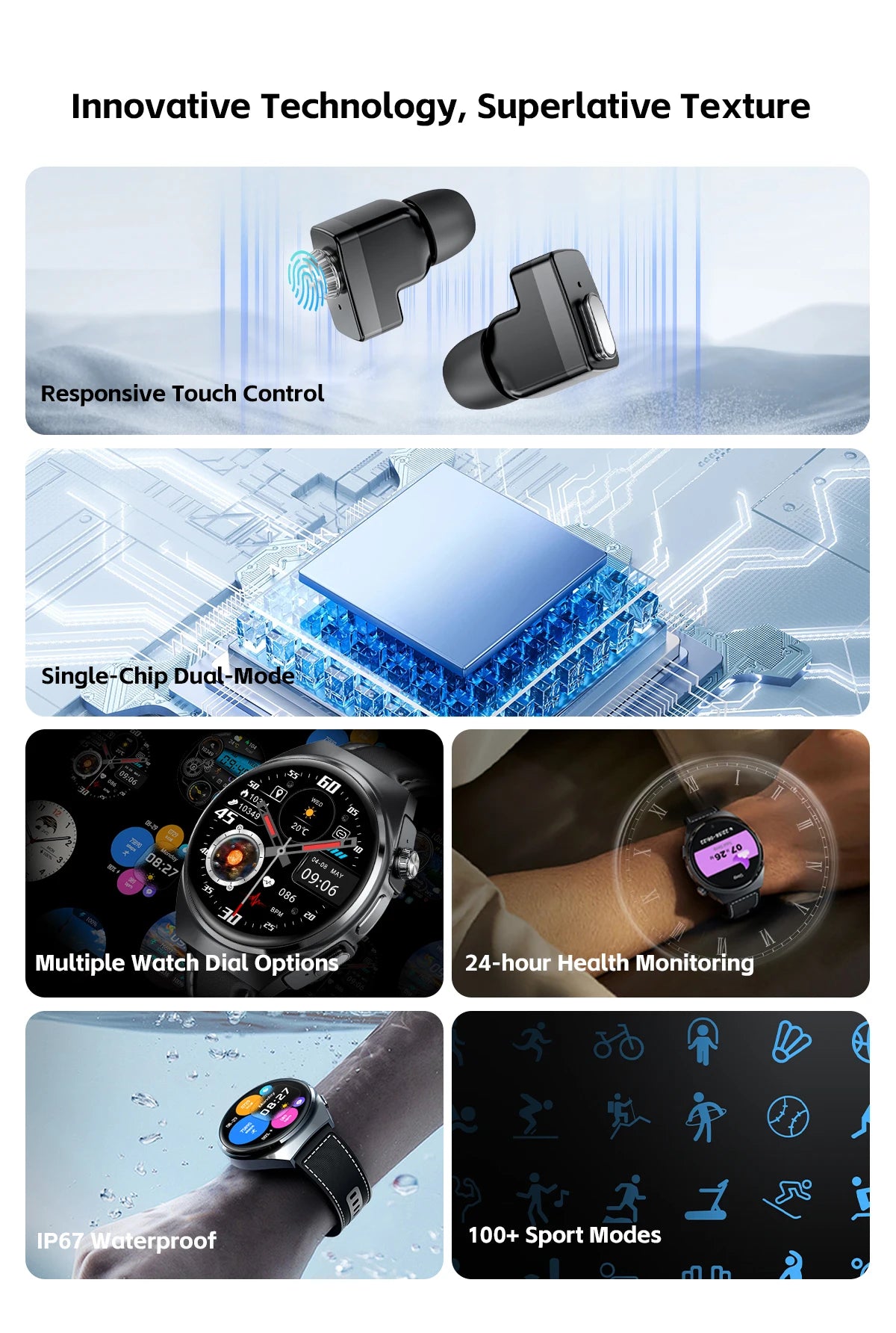 New Men’s Smart Watch & TWS Headset 2-in-1: Wireless Earbuds, Health Tracker, NFC, Sport & Fashion