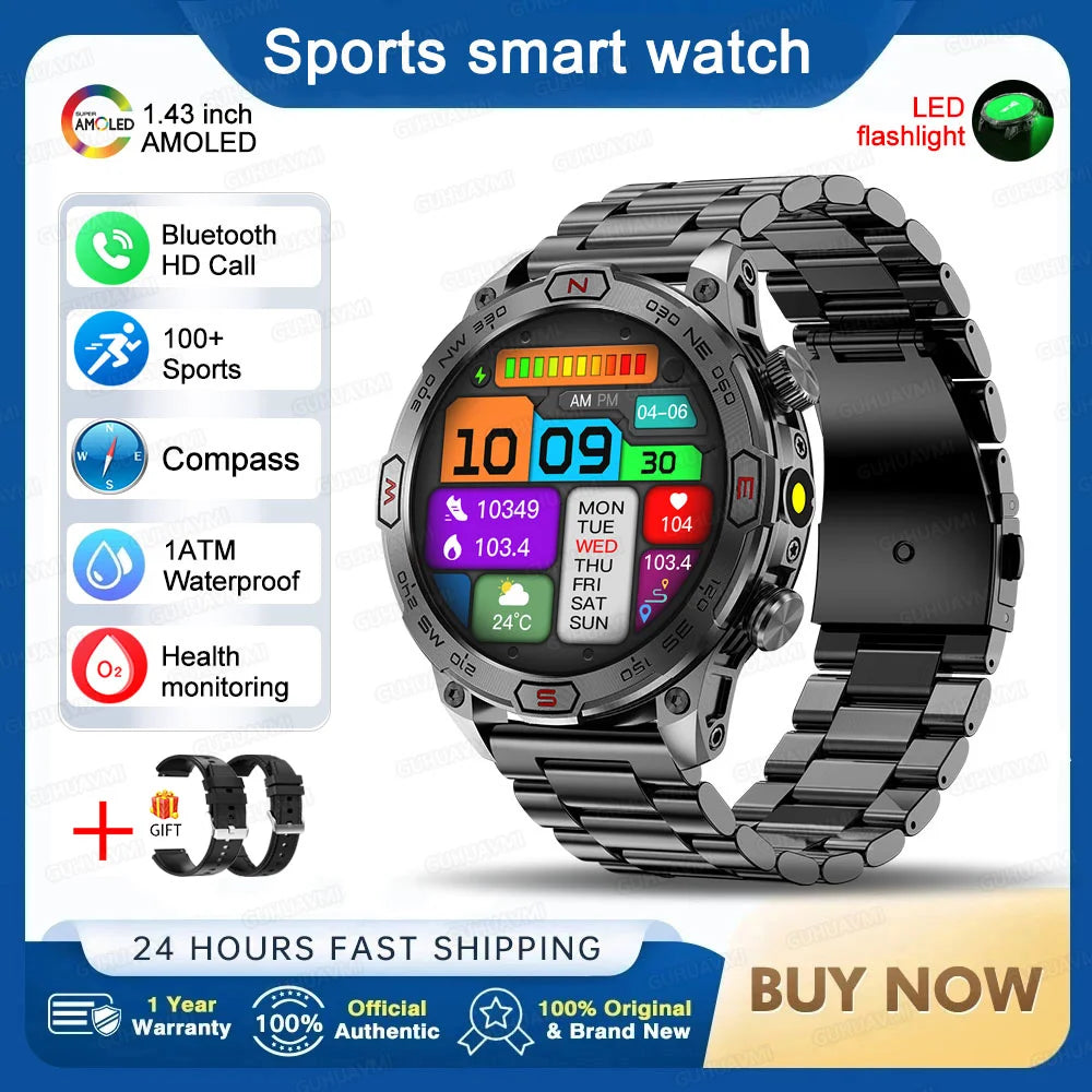 2025 Smart Watch - 1.43'' AMOLED, GPS, Fitness Tracker, BT 5.3, LED Lights, Compass