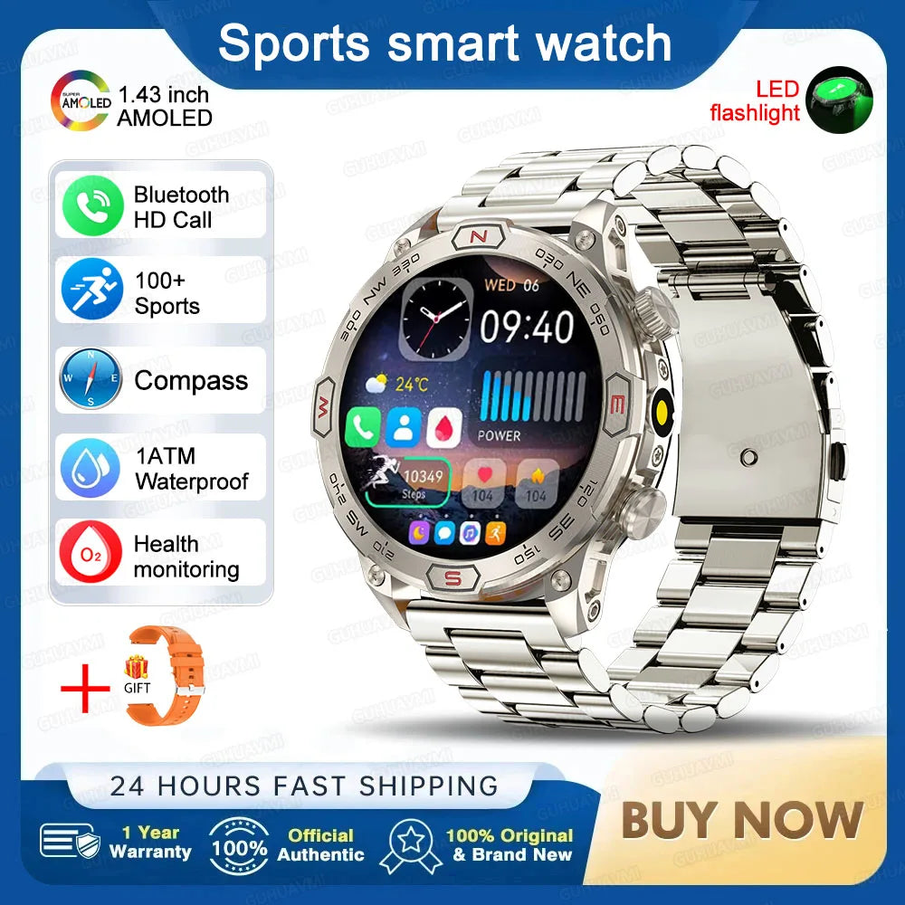 2025 Smart Watch - 1.43'' AMOLED, GPS, Fitness Tracker, BT 5.3, LED Lights, Compass