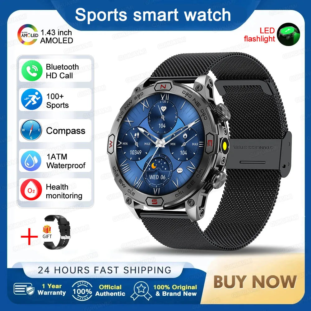 2025 Smart Watch - 1.43'' AMOLED, GPS, Fitness Tracker, BT 5.3, LED Lights, Compass