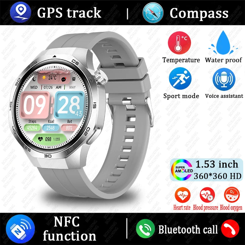 AMOLED Smartwatch for Men: Bluetooth Calls, NFC, GPS, IP68 Waterproof, 390x390 Display