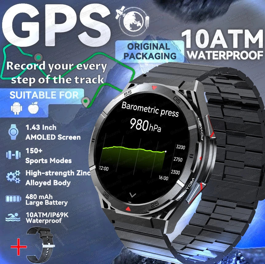 GPS Outdoor Smartwatch: 1.43" AMOLED, Heart Rate Monitor, Bluetooth Calling, IP69K Waterproof