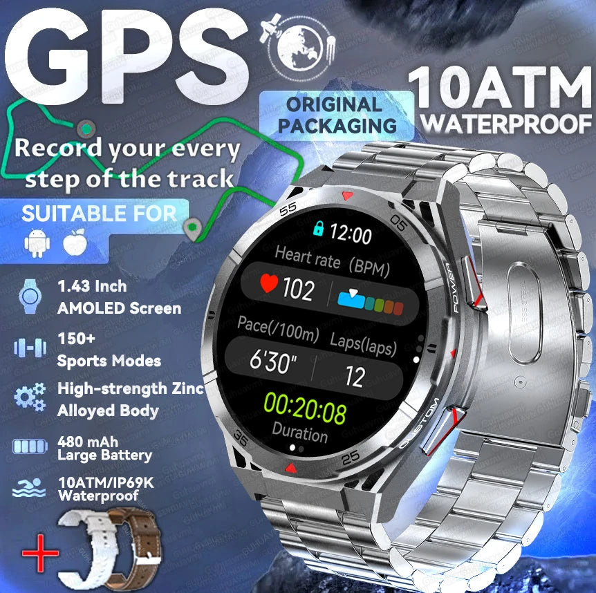 GPS Outdoor Smartwatch: 1.43" AMOLED, Heart Rate Monitor, Bluetooth Calling, IP69K Waterproof
