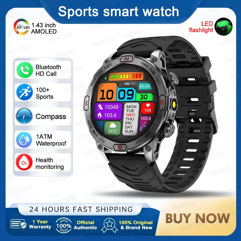 2025 Smart Watch - 1.43'' AMOLED, GPS, Fitness Tracker, BT 5.3, LED Lights, Compass