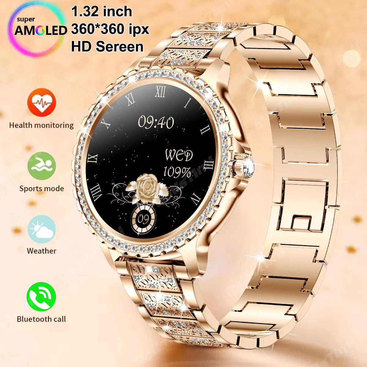 Gold Luxury Women's Smartwatch | 1.32" HD AMOLED Screen, Voice Call & Fitness Tracker