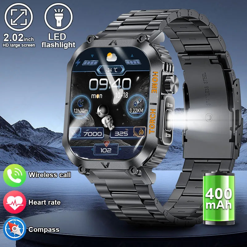 LIGE Military Men Smart Watch 2.02'' HD Screen LED Flashlight Compass Watches 3ATM Waterproof Outdoor Sports Smartwatch 2025 New