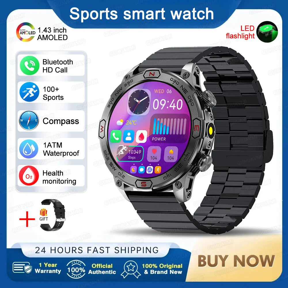 2025 Smart Watch - 1.43'' AMOLED, GPS, Fitness Tracker, BT 5.3, LED Lights, Compass