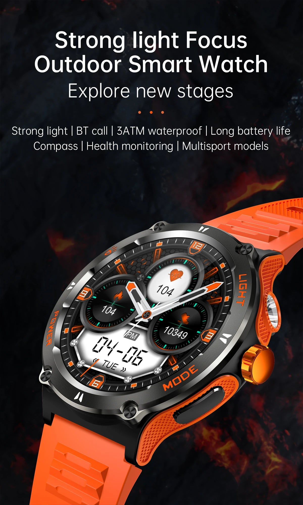 Rugged Military Smartwatch for Men: GPS, 500mAh Battery, Fitness Tracker, 3ATM Waterproof