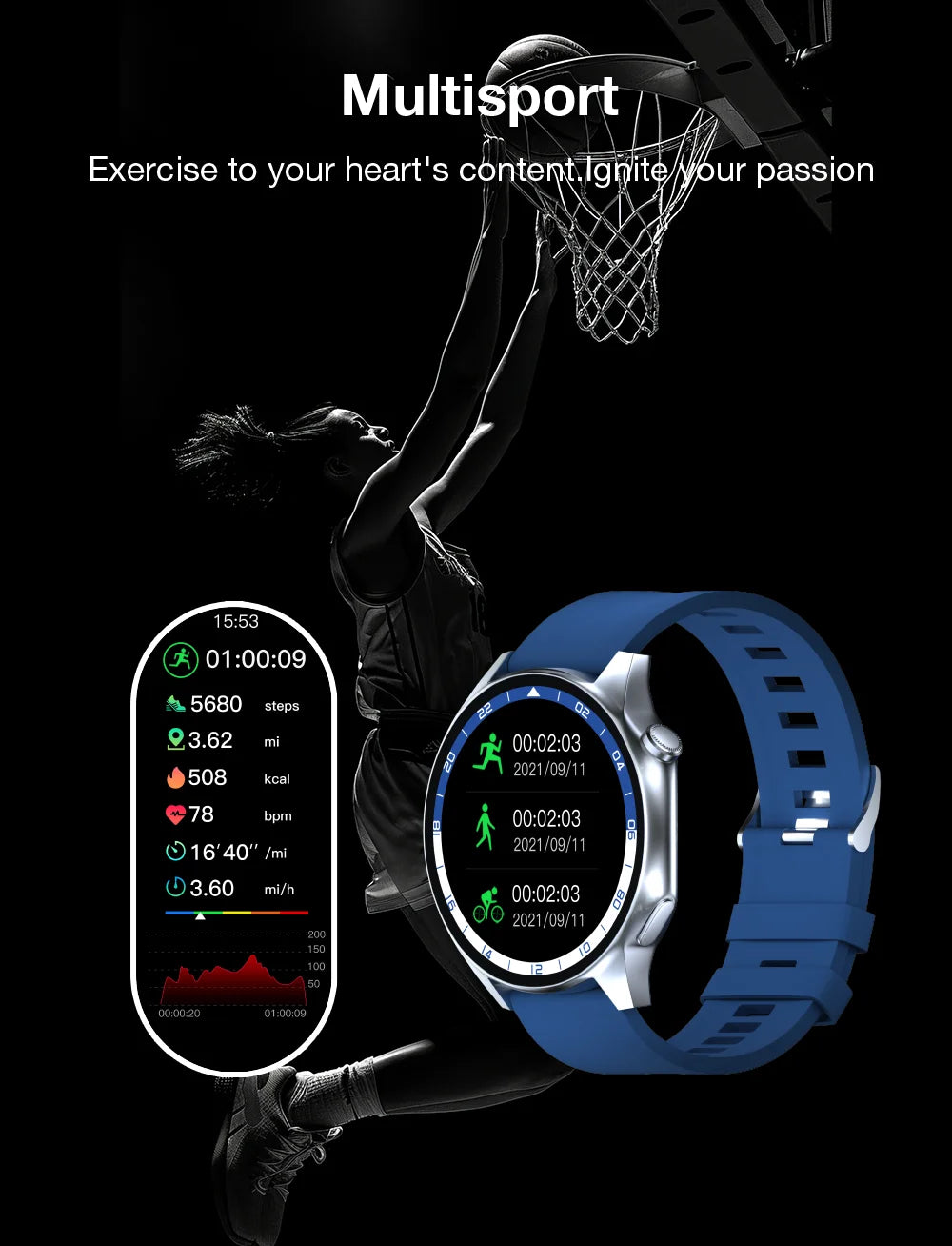1.43'' TFT Smart Watch - 4GB RAM, Music, Health Monitoring, Bluetooth Call, Waterproof