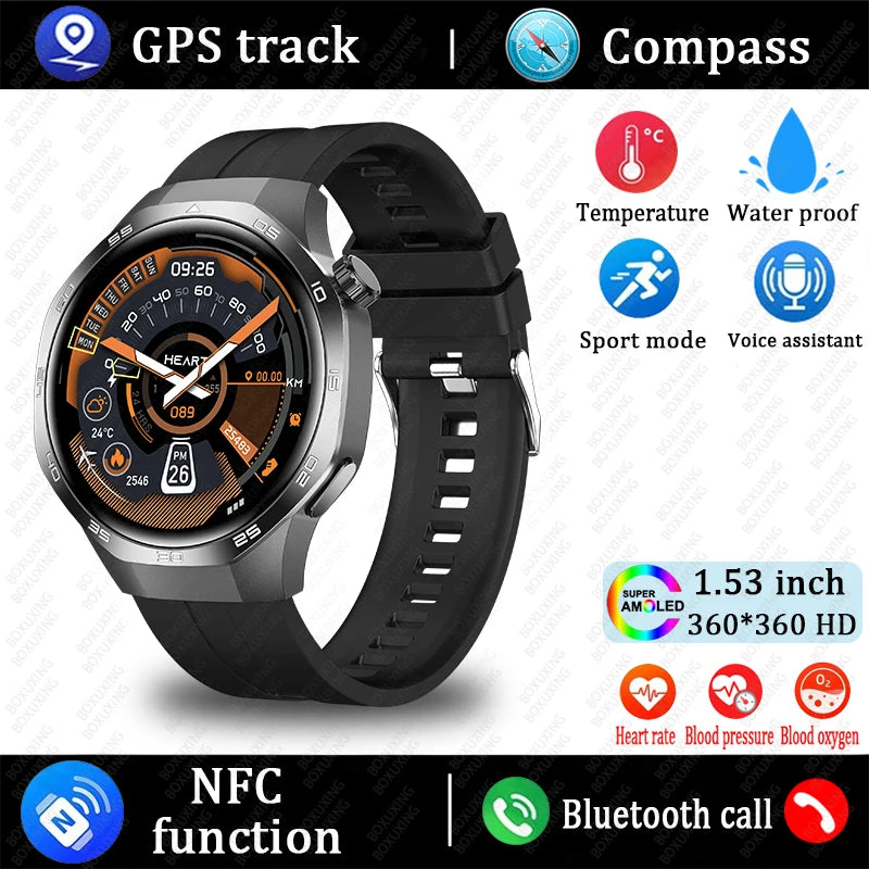 AMOLED Smartwatch for Men: Bluetooth Calls, NFC, GPS, IP68 Waterproof, 390x390 Display