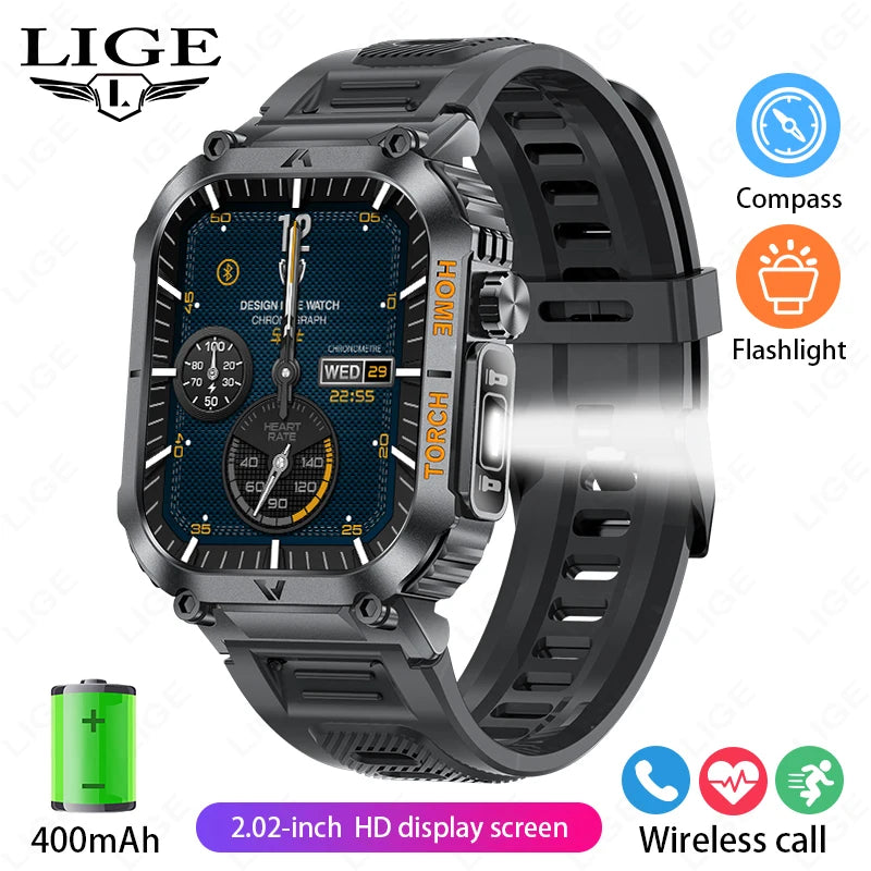 LIGE Military Men Smart Watch 2.02'' HD Screen LED Flashlight Compass Watches 3ATM Waterproof Outdoor Sports Smartwatch 2025 New
