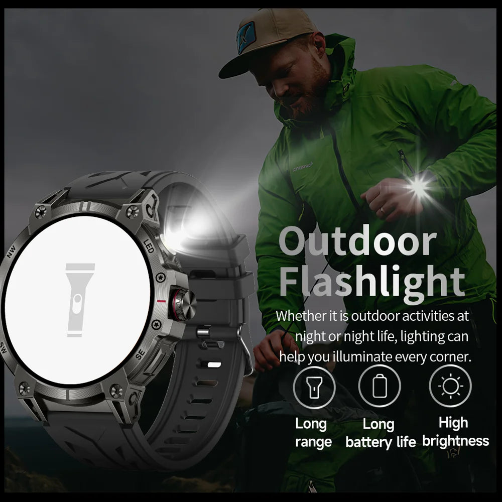 Military Smartwatch for Men - 760mAh, Compass, LED Flashlight, 1.8" HD, Waterproof