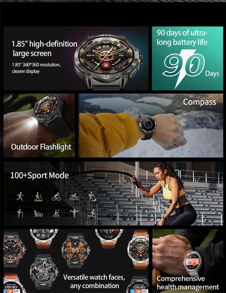 Military Smartwatch for Men - 760mAh, Compass, LED Flashlight, 1.8" HD, Waterproof